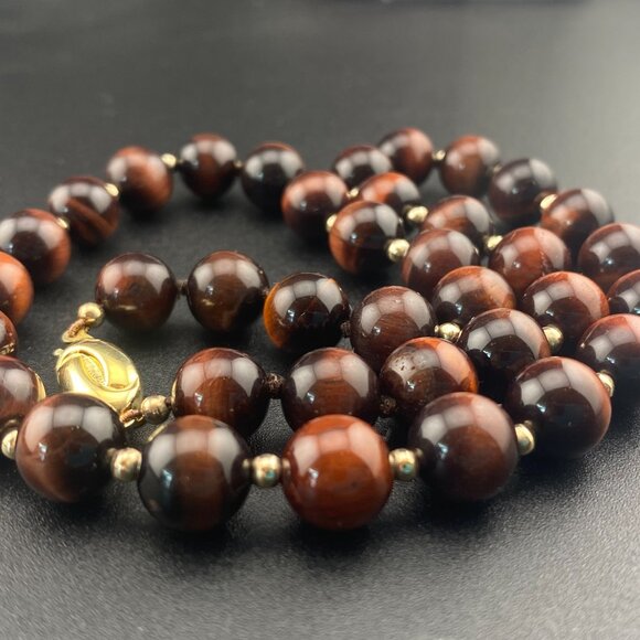 Vtg 9K Solid Gold Ball & 10mm Tigers Eye Beaded Necklace 18" - Lots of Gold - Picture 15 of 15